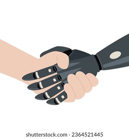 Handshake. Healthy arm and prosthetic arm. Bionic limb, amputee male person. Concept of people with disability. Vector Illustration on white background.