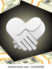 handshake and heap of dollars