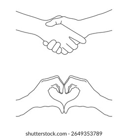 Handshake and Heart Hands Line Art Set - Business and Love Concepts. A minimalist illustration featuring two distinct hand gestures in clean black line art.