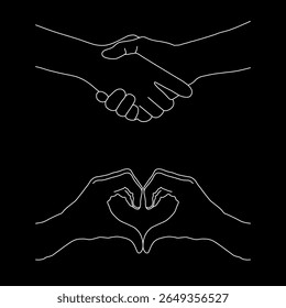 Handshake and Heart Hands White Line Art on Black Background. A minimalist illustration featuring two distinct hand gestures rendered in clean white line art on a stark black background.