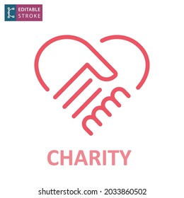 Handshake in heart icon. Charity, friendship, together logo template. Editable stroke.