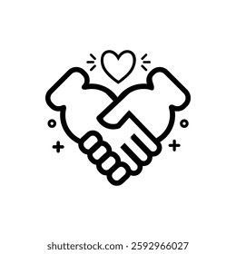 Handshake heart icon. Outline stroke style. Line vector, isolated on white background.