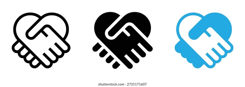Conjunto de ícones de coração de aperto de mão - Símbolos vetoriais de amor Parceria Caridade e acordo em estilos de contorno e sólidos, Conjunto de ícones vetoriais de coração de aperto de mão.Comunicação, parceria, símbolos de amizade.