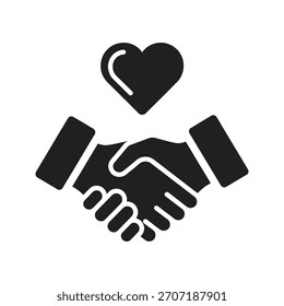 Handshake heart icon symbolizing charitable partnership. Suitable for NGOs, community support, and volunteer organizations.