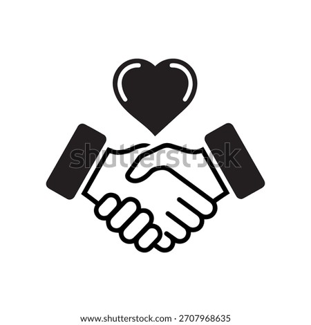 handshake with heart icon symbolizing trust, partnership, support, compassion and cooperation in business and relationships vector