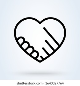 Handshake heart icon vector in line style. Agreement, deal, handshake symbols. Partnership, cooperation signs.