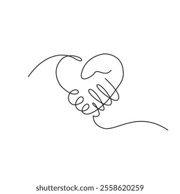 Handshake Heart One Single Line Drawing. Vector Illustration of Continuous Monoline Sign Illustration. Linear Art.