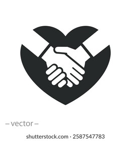 handshake with heart, respect icon, loyalty together, flat vector illustration