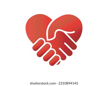 Handshake in heart shape conceptual icon illustration, love hand care symbol logo	