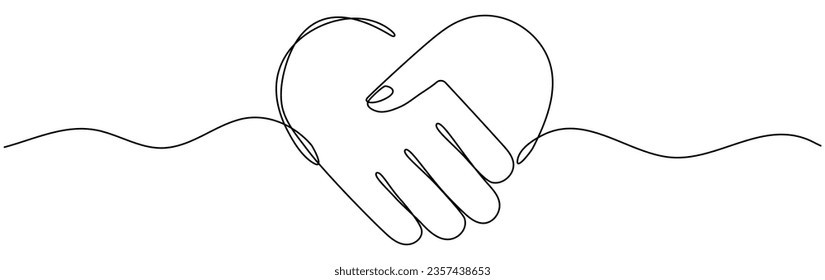 Handshake in heart shape continuous line drawing. Love shaking hands. Business deal linear symbol. Vector illustration isolated on white.