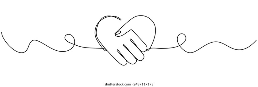 Handshake in heart shape continuous wave line drawing. Shaking hands with love concept. Business deal linear symbol. Vector illustration isolated on white background.