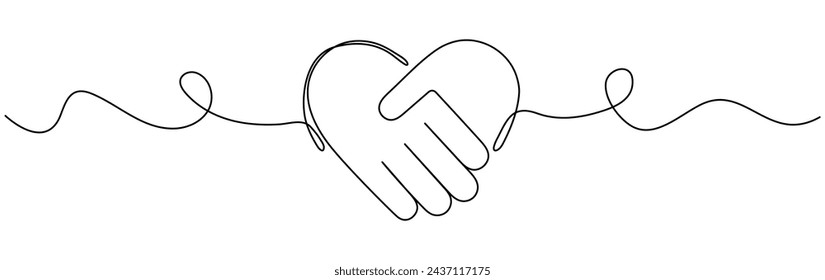 Handshake in heart shape continuous wave line drawing. Shaking hands with love concept. Business deal linear symbol. Vector illustration isolated on white background.