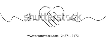 Handshake in heart shape continuous wave line drawing. Shaking hands with love concept. Business deal linear symbol. Vector illustration isolated on white background.