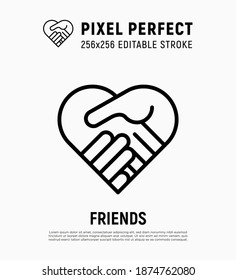 Handshake in heart shape. Friendship, agreement, cooperation, support. Thin line icon. Pixel perfect, editable stroke. Vector illustration.