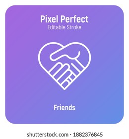 Handshake in heart shape. Friendship, agreement, cooperation, support. Thin line icon. Pixel perfect, editable stroke. Vector illustration.