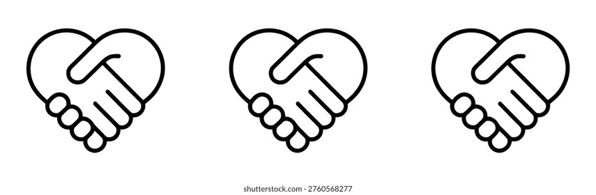Handshake in heart shape icon set on white background for partnership and love Vector illustration