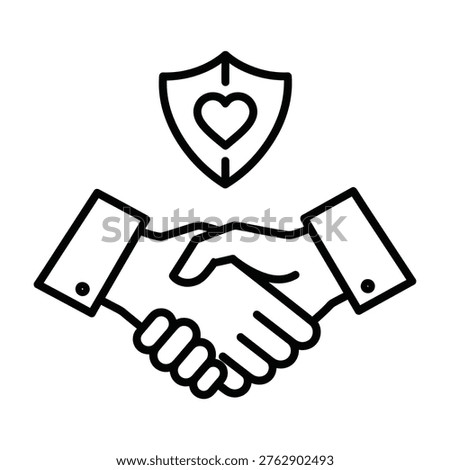 Handshake with heart shield icon for trusted partnership with black and white