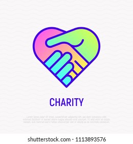 Handshake in heart thin line icon with gradient. Symbol of charity, togetherness, agreement and collaboration. Modern vector illustration.
