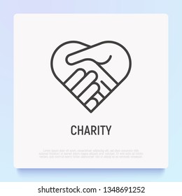 Handshake in heart thin line icon. Symbol of charity, togetherness, agreement and collaboration. Modern vector illustration.