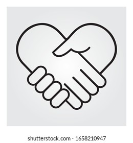 Handshake in heart thin line icon.