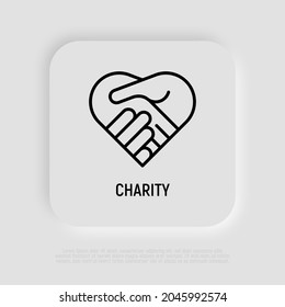 Handshake in heart thin line icon. Symbol of charity, togetherness, agreement and collaboration. Modern vector illustration.