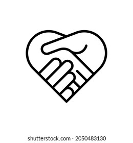 Handshake in heart thin line icon. Symbol of charity, togetherness, agreement and collaboration. Modern vector illustration.