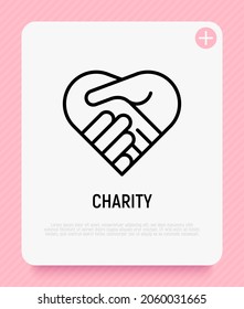 Handshake in heart thin line icon. Symbol of charity, togetherness, agreement and collaboration. Modern vector illustration.