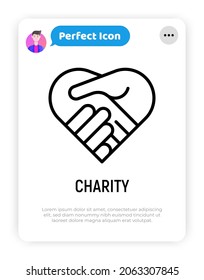 Handshake in heart thin line icon. Symbol of charity, togetherness, agreement and collaboration. Modern vector illustration.