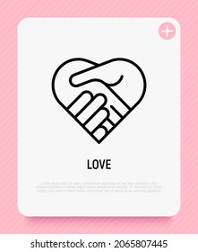 Icono de apretón de manos en línea delgada del corazón. Símbolo de caridad, unión, acuerdo y colaboración. Ilustración vectorial moderna.