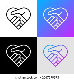 Handshake in heart thin line icon. Symbol of charity, togetherness, agreement and collaboration. Modern vector illustration.