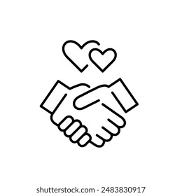 Handshake and hearts. Heartwarming partnership and emotional bonding. Pixel perfect vector icon