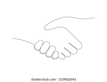 Handshake, help of hand, one art line continuous. Hand shake team together. Man or woman communication, business agreement, partnership. Sign contract, peace. Vector outline