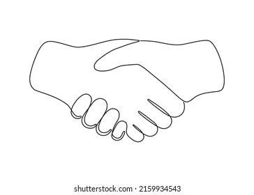 Handshake, help of hand, one art line continuous. Hand shake team together. Man or woman communication, business agreement, partnership. Sign contract, peace. Vector outline