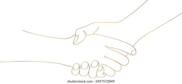 Handshake, helping hand, one continuous line art. The team shakes hands together. Man or woman communication, business agreement, partnership. Sign contracts, peace. Vector outline