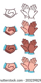 Handshake And High Five Cartoon Icons. Color And Monochrome Icons Of Handshake And High Five. Multicultural, Equal Representation. Diverse Skin Color Icons