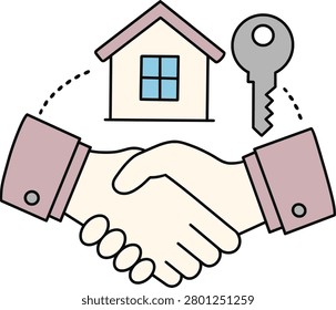 Handshake with a house and key representing a successful real estate agreement and property transfer.