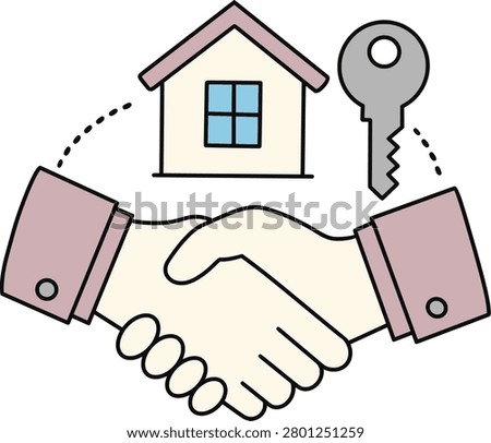 Handshake with a house and key representing a successful real estate agreement and property transfer.