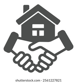 Handshake at house sale solid icon, housing market concept. Vector graphics. Success deal with cottage building sign on white background, glyph style icon for mobile or web design