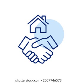 Handshake and house symbol. Real estate purchase agreement. Pixel perfect, editable stroke icon