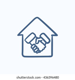 Handshake and house vector sketch icon isolated on background. Hand drawn Handshake and house icon. Handshake and house sketch icon for infographic, website or app.