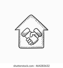 Handshake and house vector sketch icon isolated on background. Hand drawn Handshake and house icon. Handshake and house sketch icon for infographic, website or app.
