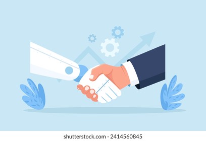 Handshake human and android. Contract with ai robot, technology professional partnership. Businessman and artificial intelligence shaking hands. Future cooperation, technology Advance, innovation