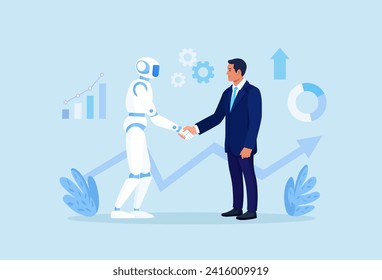 Handshake human and android. Contract with ai robot, technology professional partnership. Businessman and artificial intelligence shaking hands. Future cooperation, technology Advance, innovation