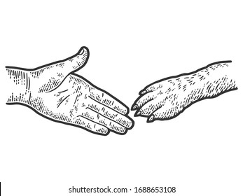 Handshake human and dog. Sketch scratch board imitation. Black and white. Engraving vector illustration