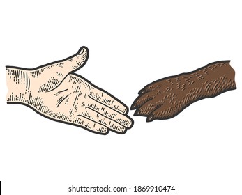 Handshake human and dog. Sketch scratch board imitation color
