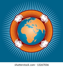 Handshake icon around the world in circle frame
