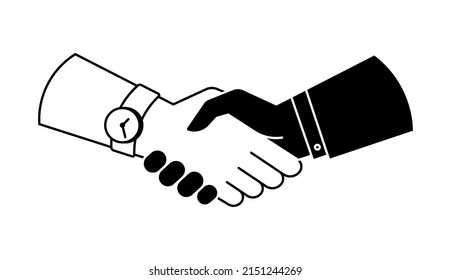 Icono de apretón de manos, ilustración vectorial en blanco y negro. Aislado sobre fondo blanco