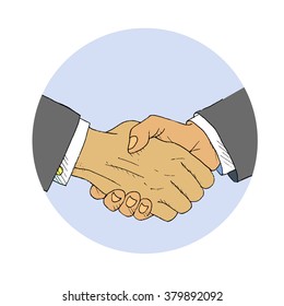 Handshake icon in blue circle. Hand drawn. Stock vector illustration