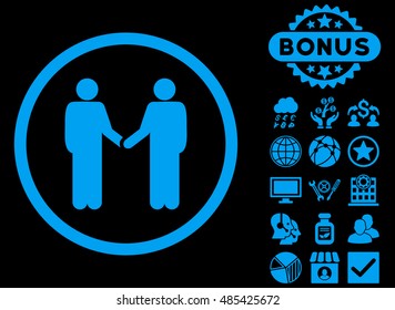 Handshake icon with bonus images. Vector illustration style is flat iconic symbols, blue color, black background.