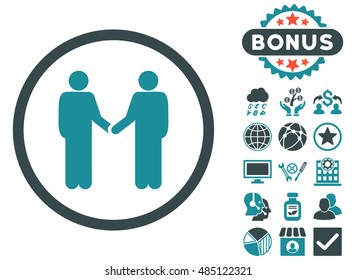 Handshake icon with bonus pictogram. Vector illustration style is flat iconic bicolor symbols, soft blue colors, white background.